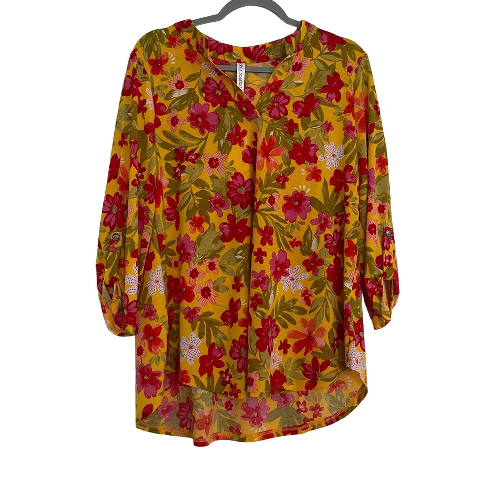 Dear Scarlett Floral Tunic Women Medium Yellow NEW Roll-Tab High-Low Blouse